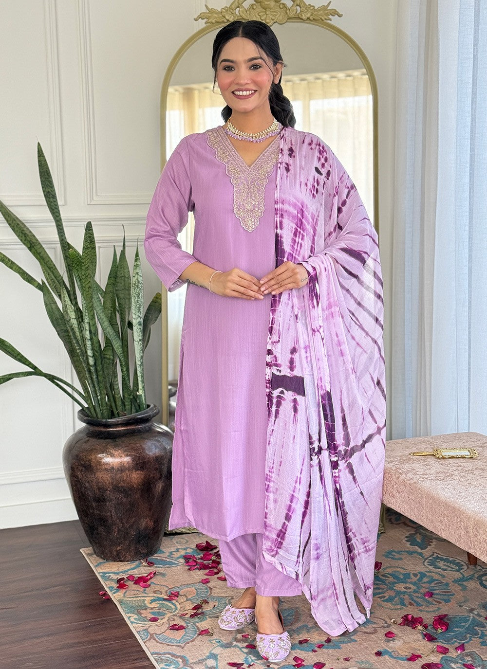Pant Style Suit Embroidered Lavender Viscose T5810