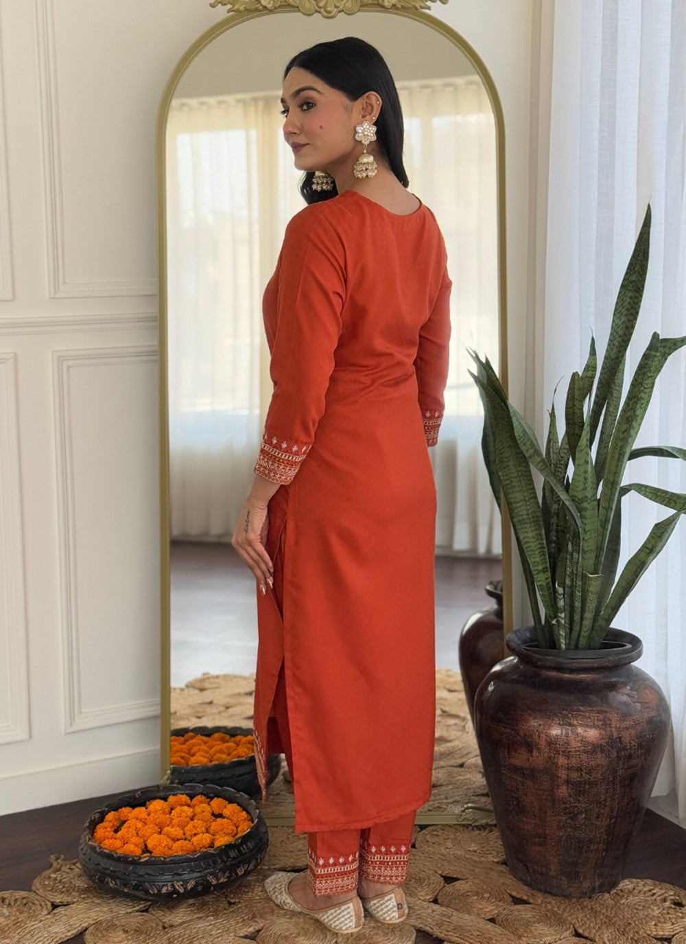 Embroidered Chanderi Orange Pant Style Suit T6294