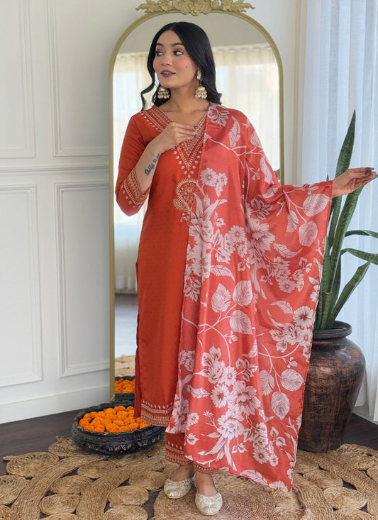 Embroidered Chanderi Orange Pant Style Suit T6294