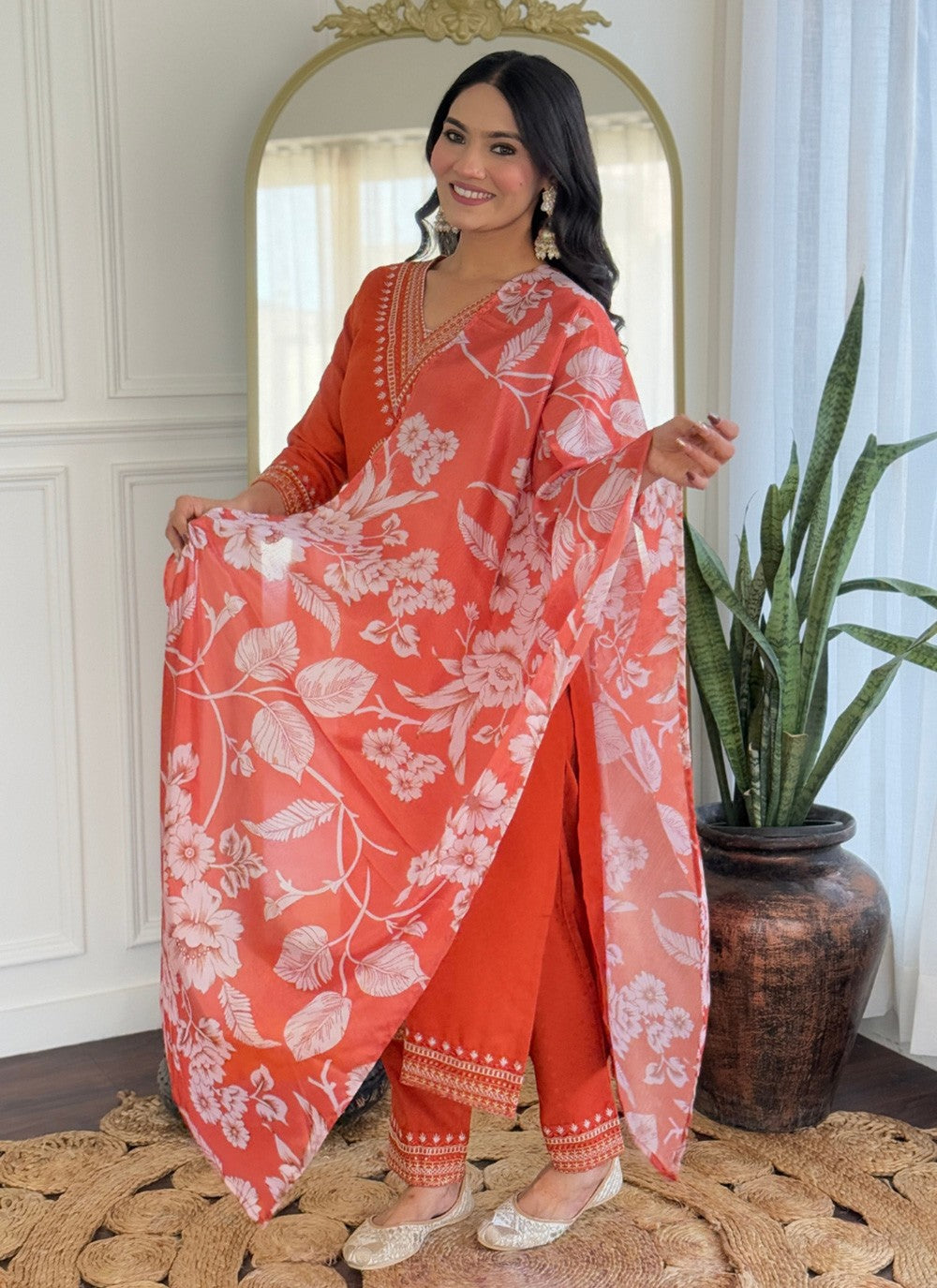 Embroidered Chanderi Orange Pant Style Suit T6294