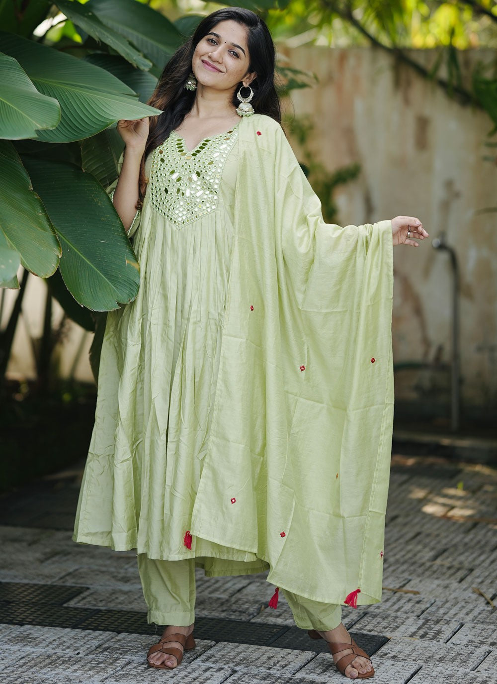 Pant Style Suit Mirror Green Chanderi Silk T5265