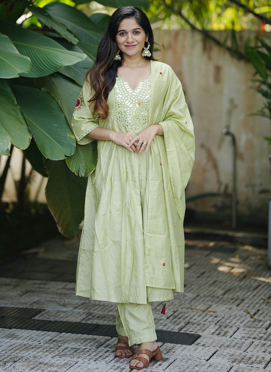 Pant Style Suit Mirror Green Chanderi Silk T5265