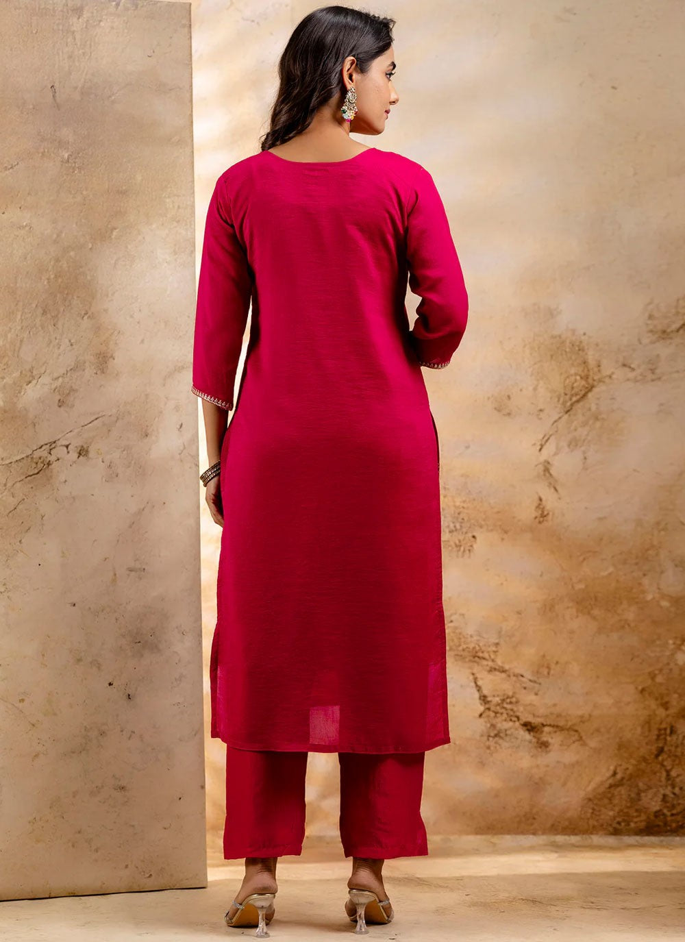 Embroidered Silk Blend Hot Pink Pant Style Suit T6361