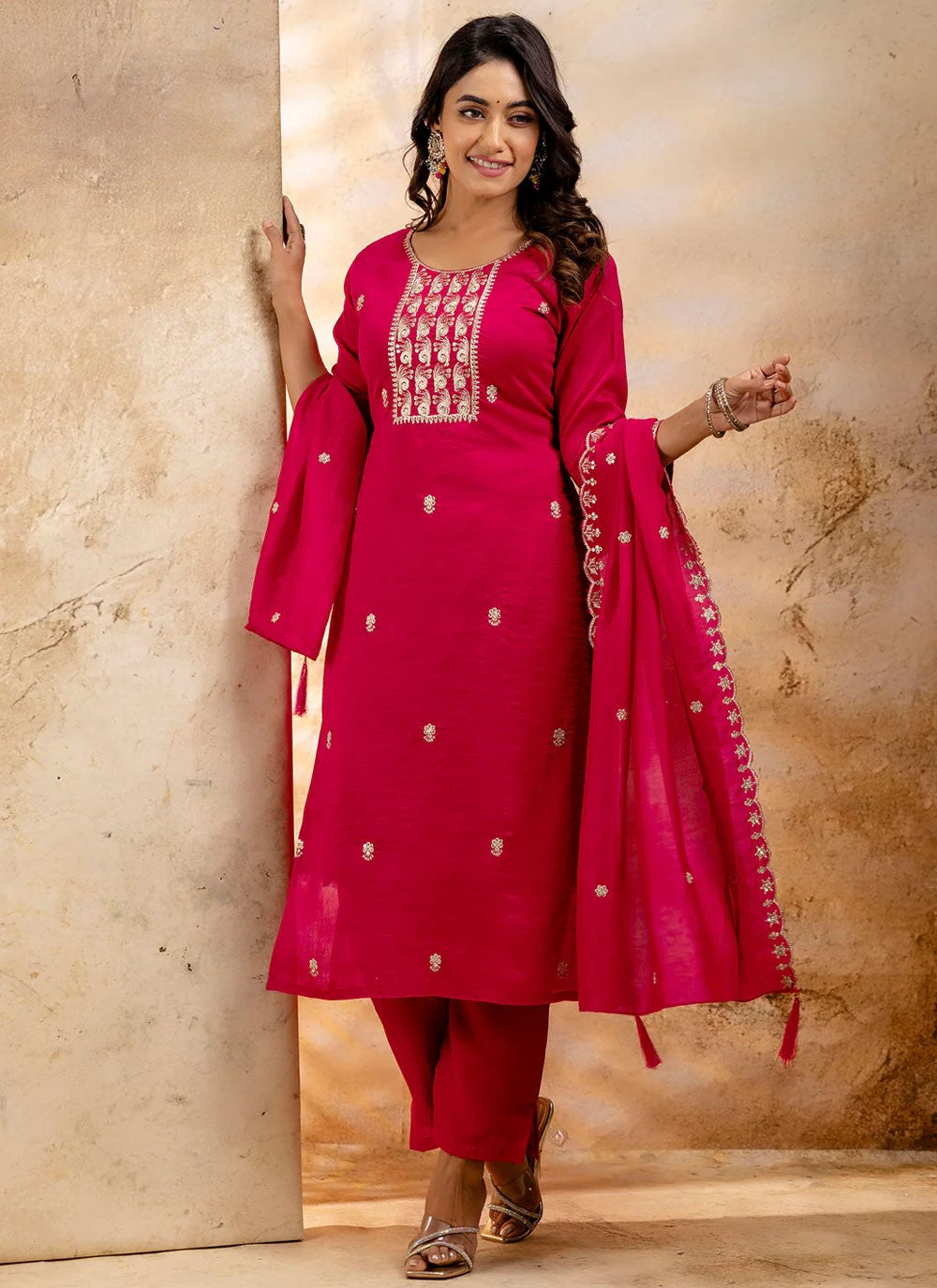 Embroidered Silk Blend Hot Pink Pant Style Suit T6361