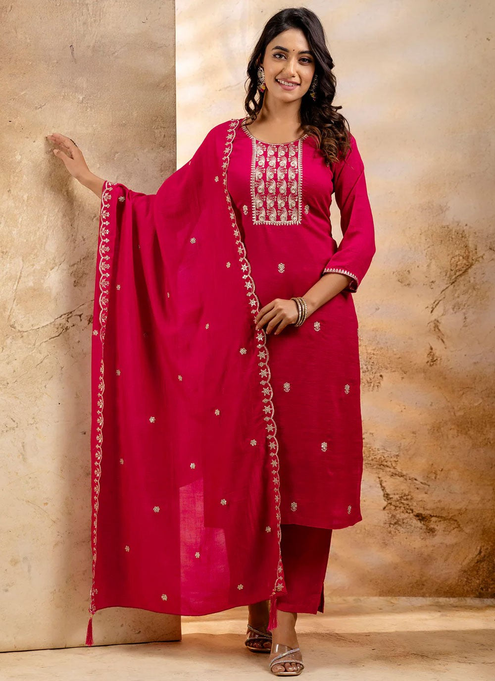 Embroidered Silk Blend Hot Pink Pant Style Suit T6361