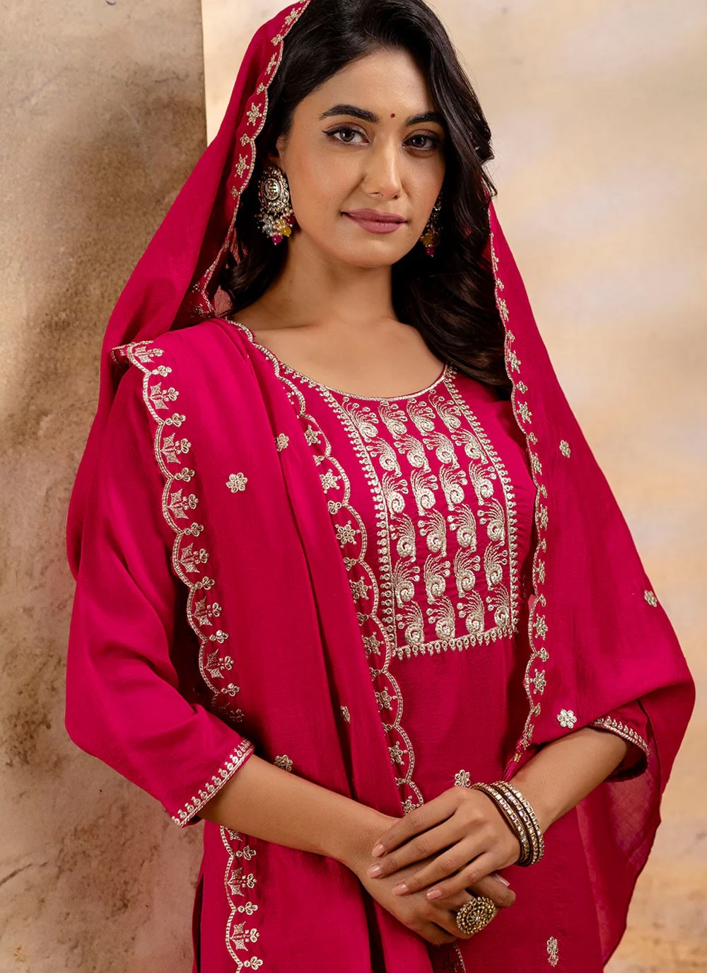 Embroidered Silk Blend Hot Pink Pant Style Suit T6361