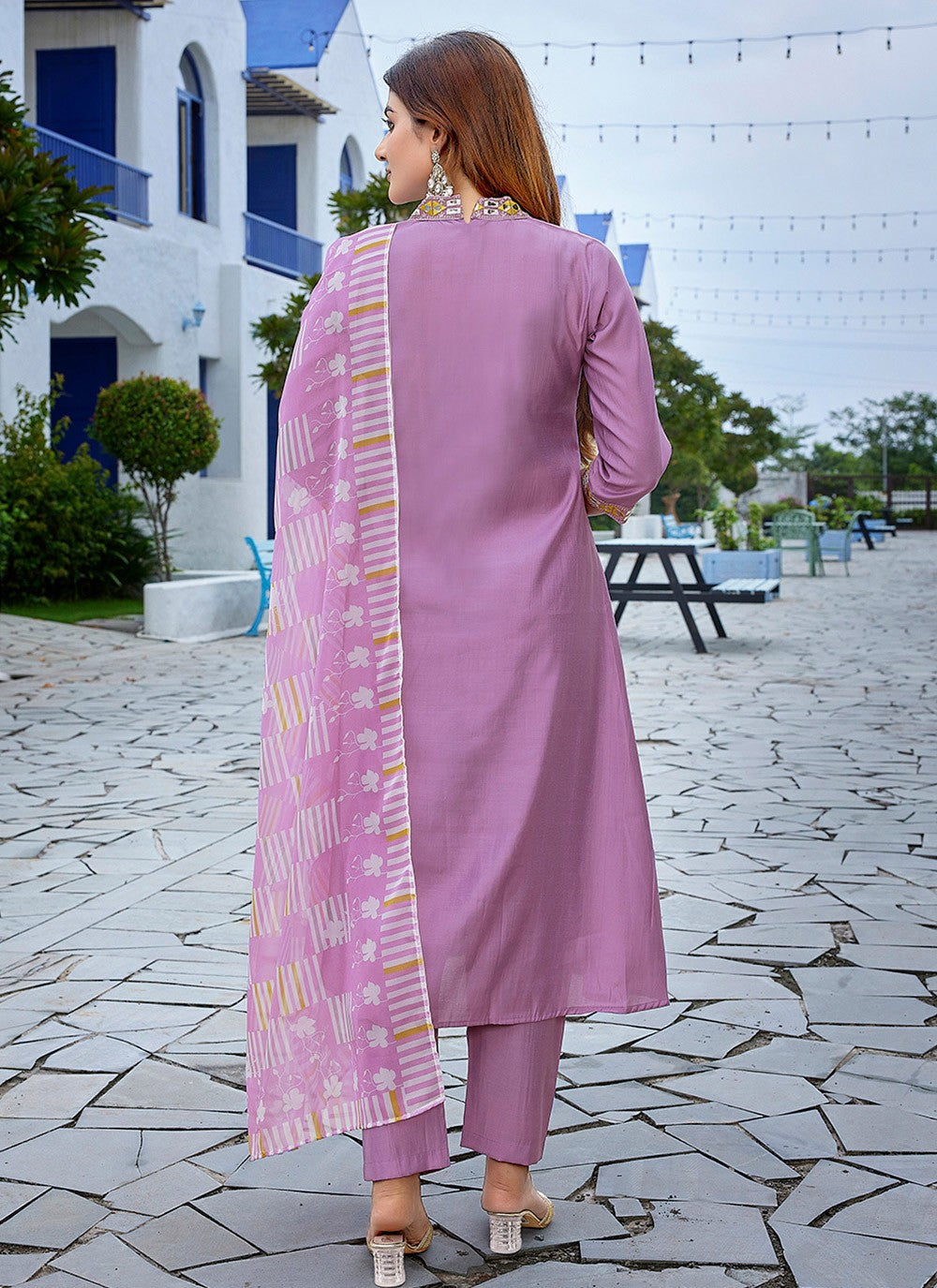 Printed Viscose Lavender Pant Style Suit T6058