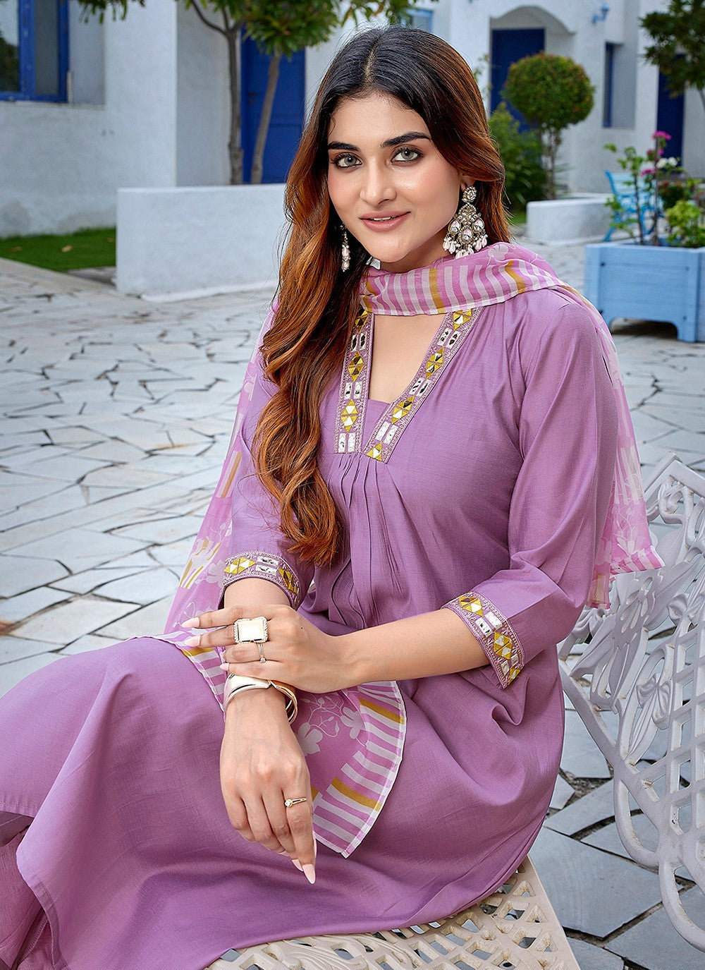 Printed Viscose Lavender Pant Style Suit T6058