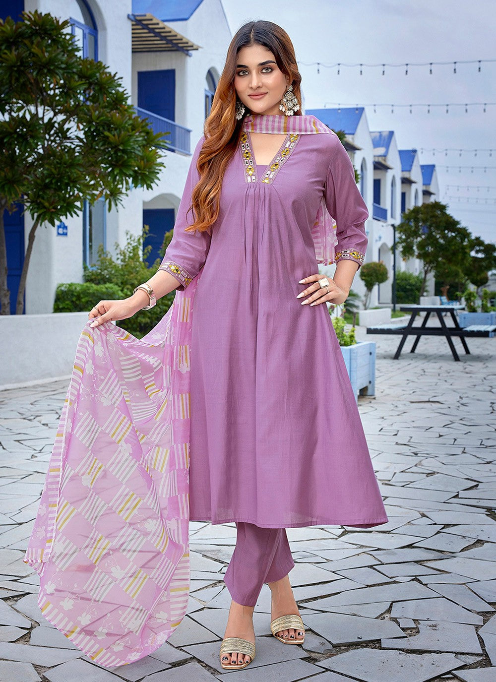 Printed Viscose Lavender Pant Style Suit T6058