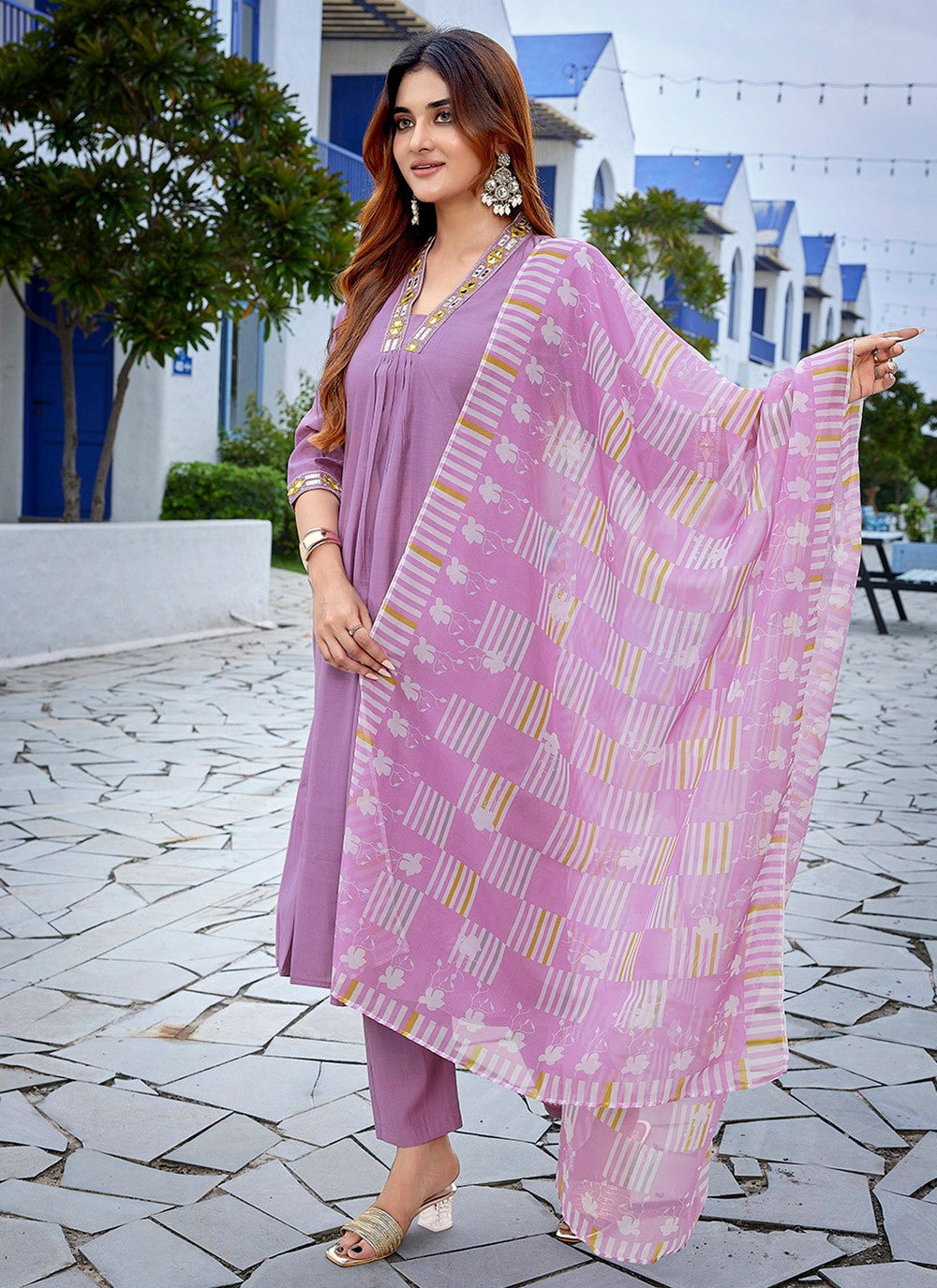 Printed Viscose Lavender Pant Style Suit T6058