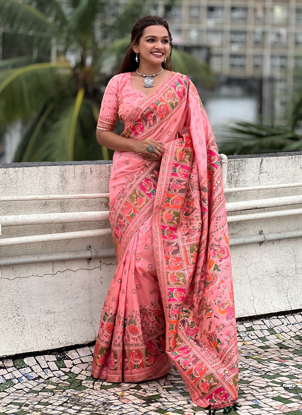 Contemporary Kashmiri Pashmina, Silk Saree - S8739
