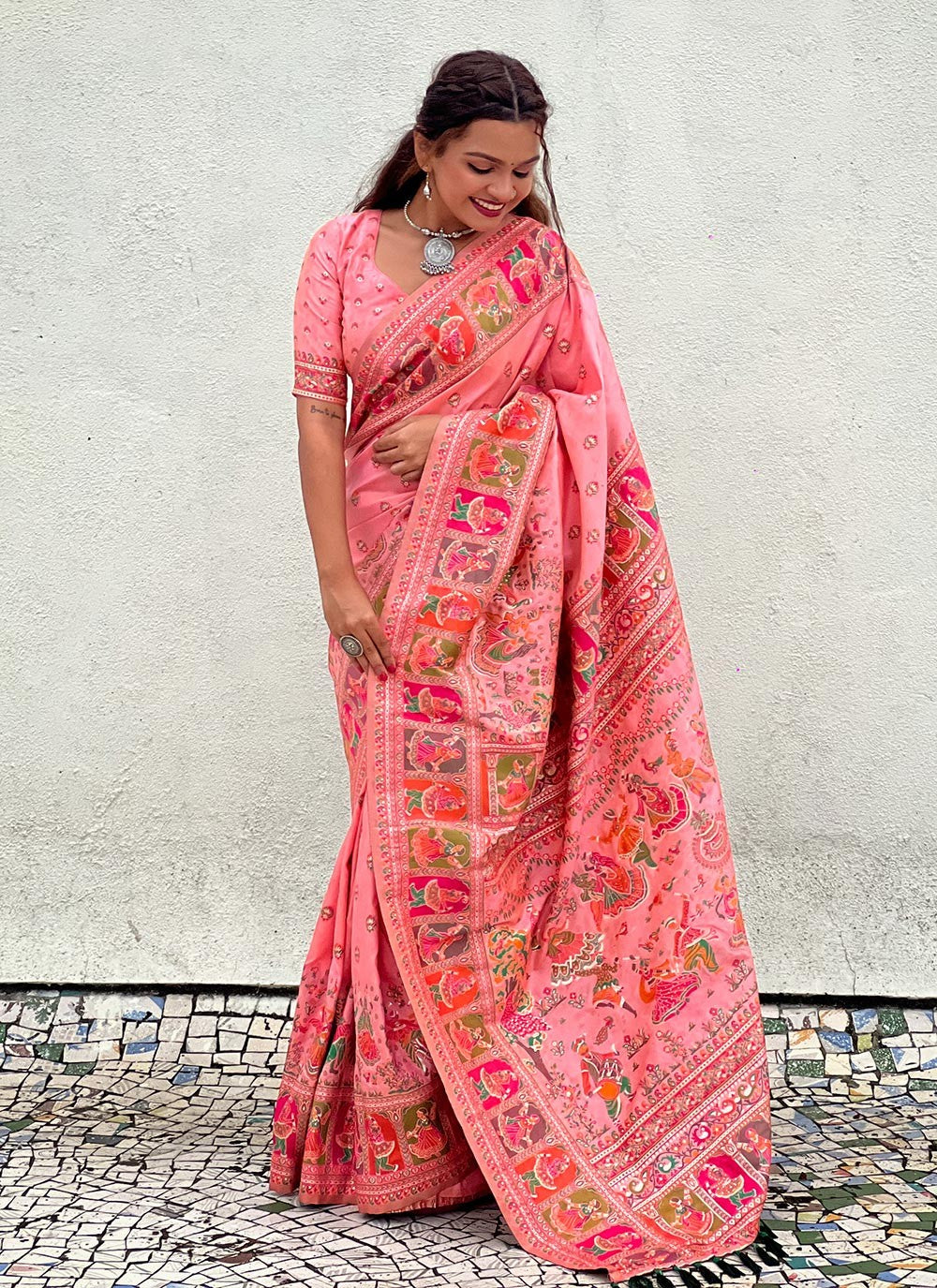 Contemporary Kashmiri Pashmina, Silk Saree - S8739