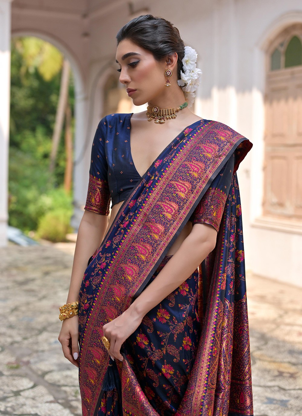Printed Pashmina Silk Navy Blue Saree S14077