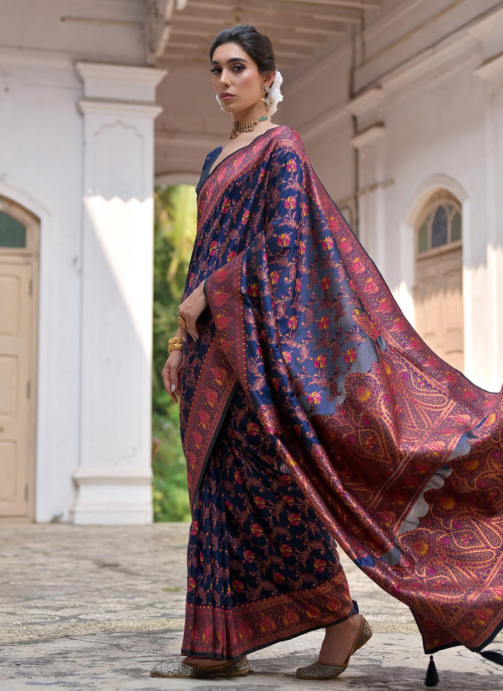 Printed Pashmina Silk Navy Blue Saree S14077