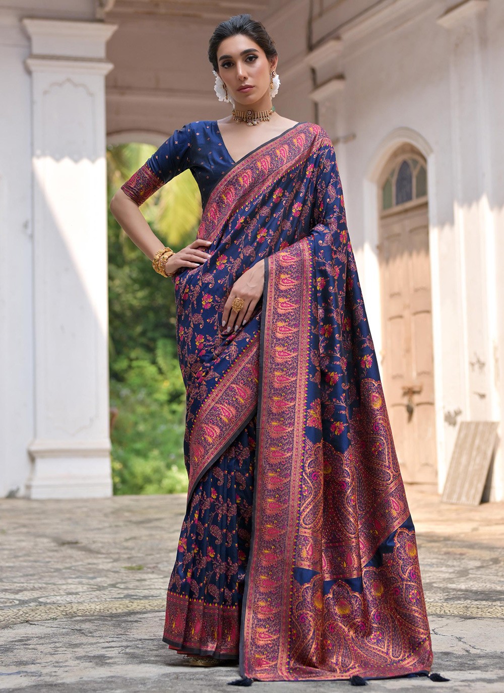 Printed Pashmina Silk Navy Blue Saree S14077