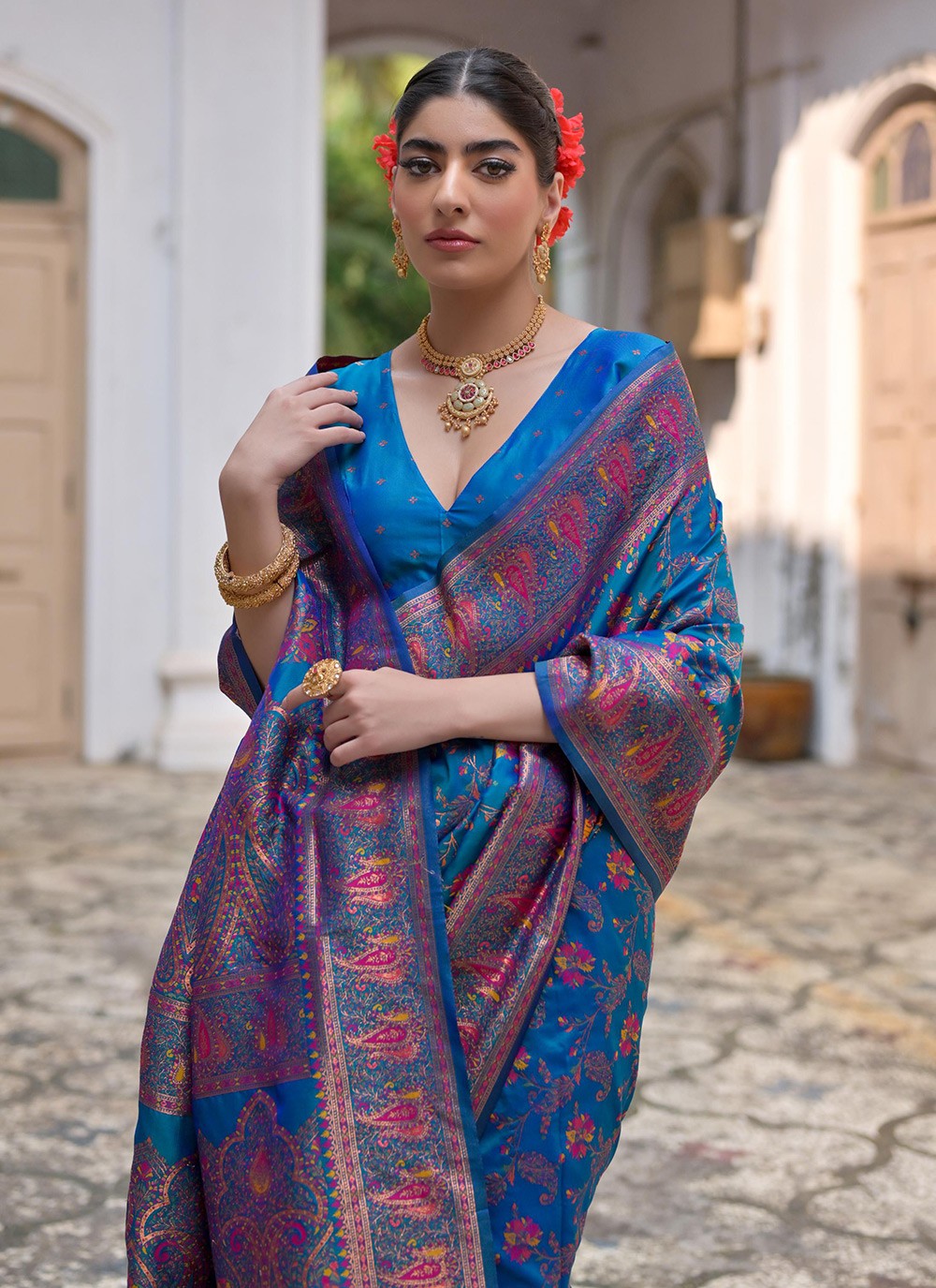 Printed Pashmina Silk Blue Saree S13840
