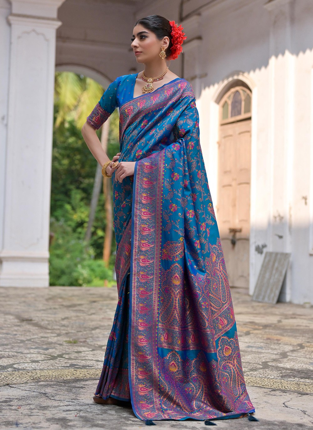Printed Pashmina Silk Blue Saree S14076