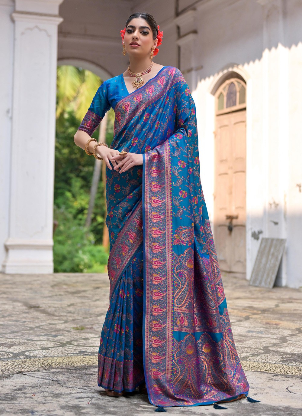Printed Pashmina Silk Blue Saree S13840