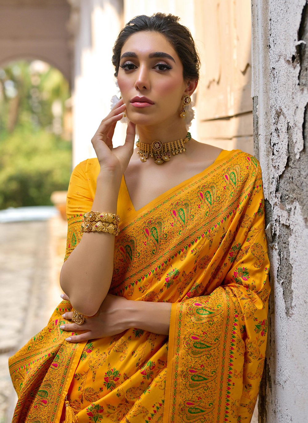 Printed Pashmina Silk Mustard Saree S13844