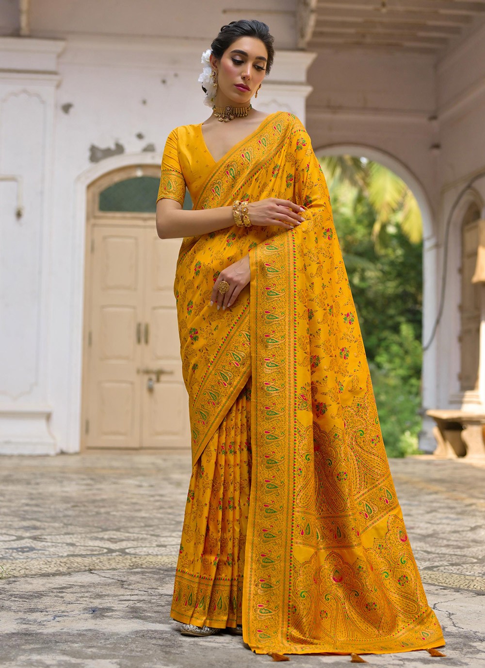 Printed Pashmina Silk Mustard Saree S13844