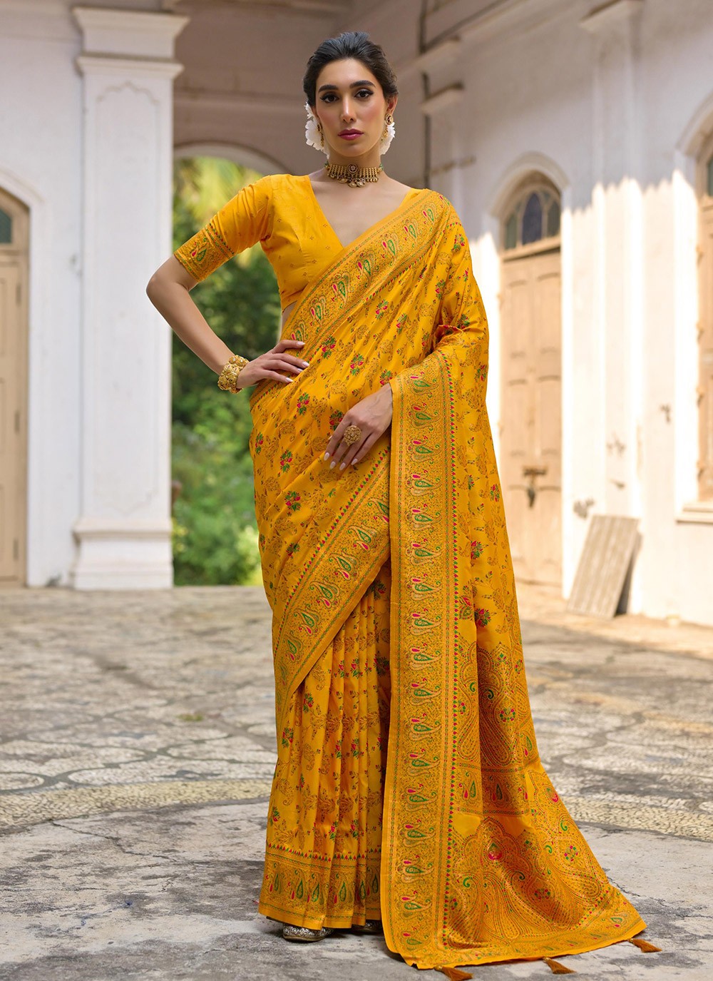 Printed Pashmina Silk Mustard Saree S14080