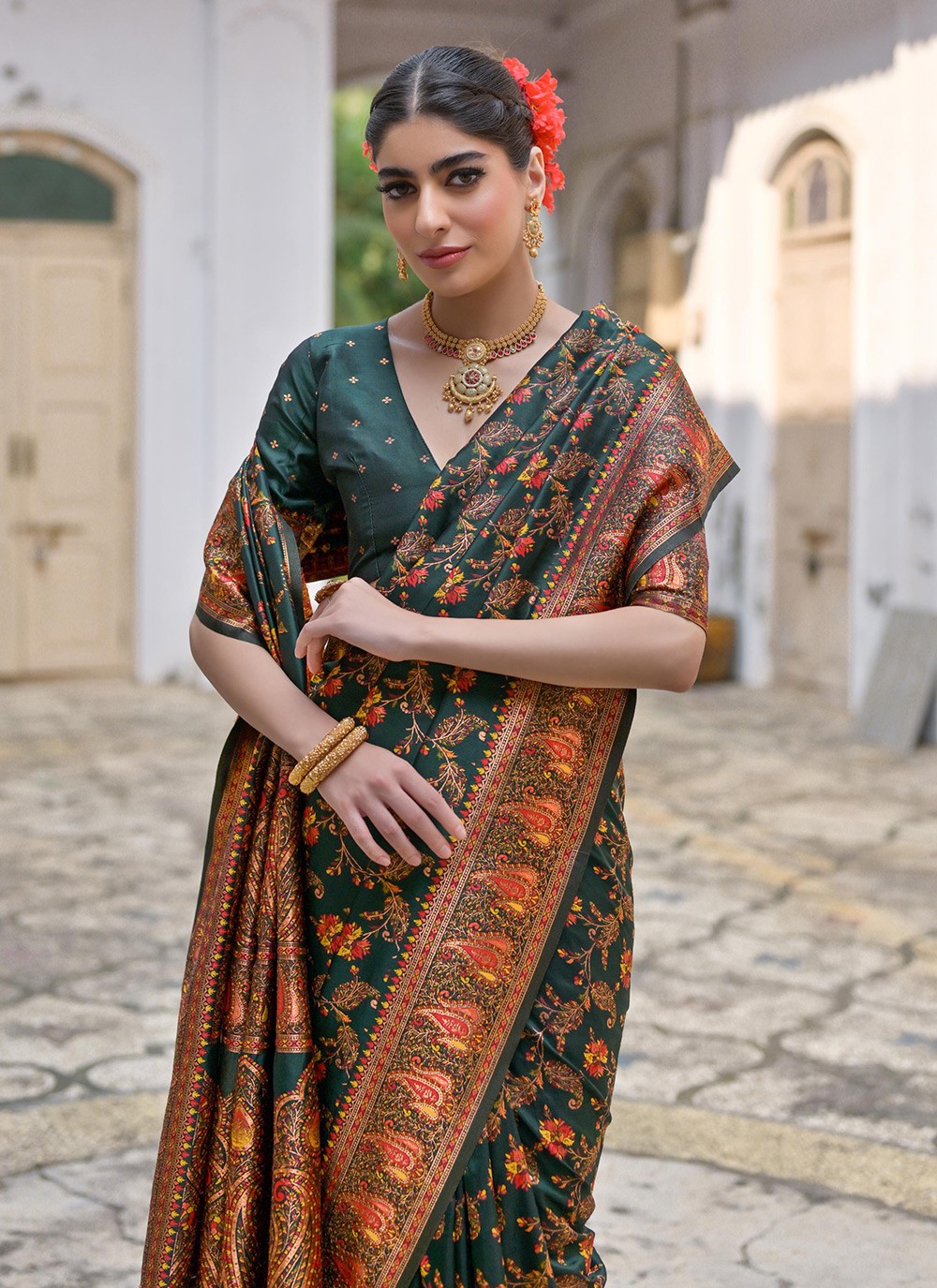 Printed Pashmina Silk Rama Saree S13839