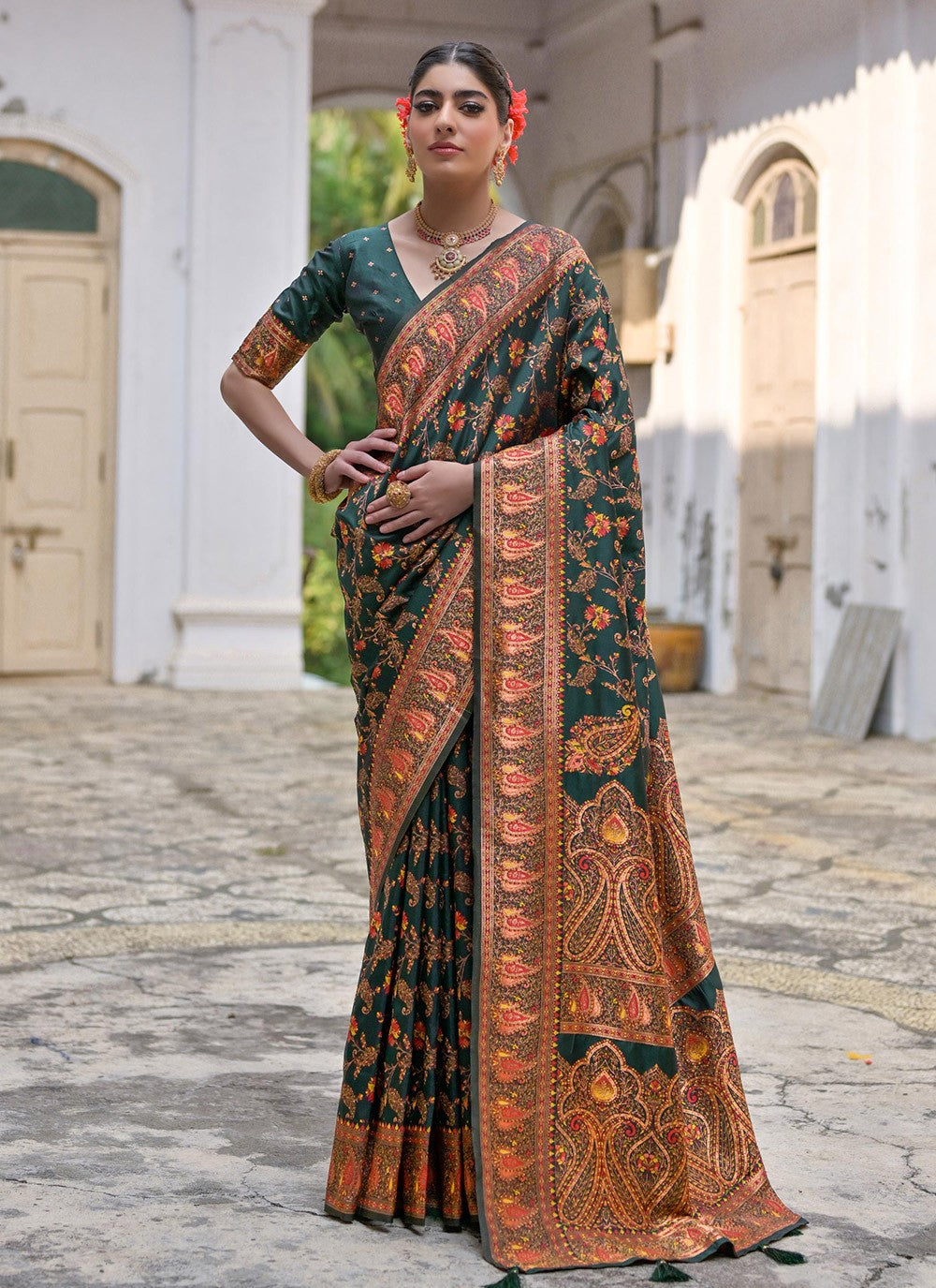 Printed Pashmina Silk Rama Saree S14075
