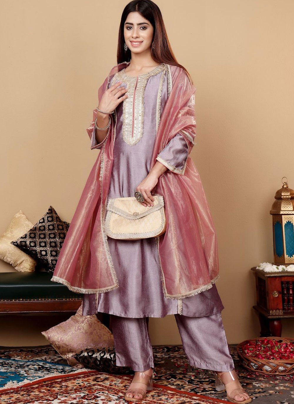 Salwar Suit Patch Border Lavender Silk T5285