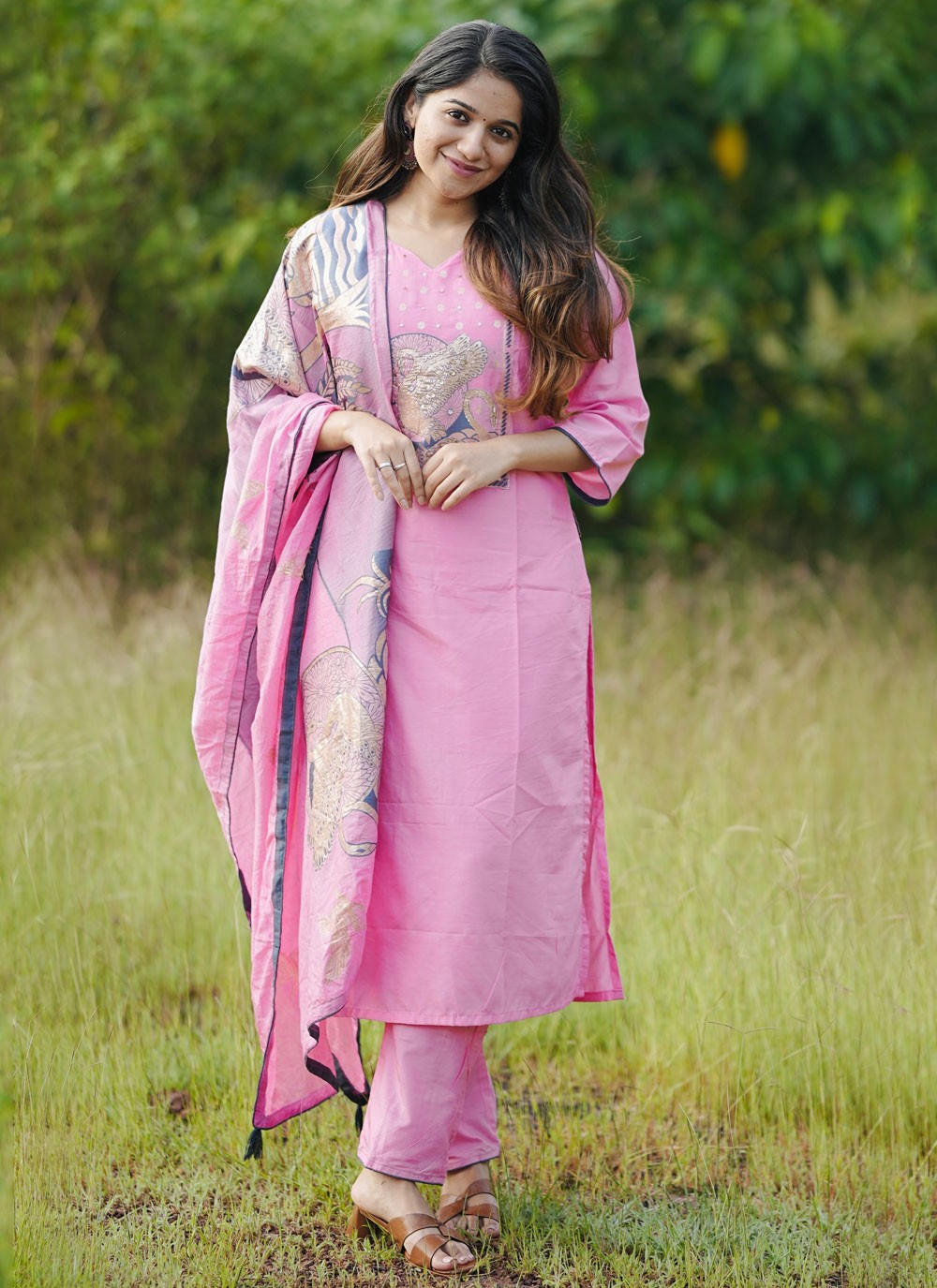 Salwar Suit Digital Print Pink Chanderi Silk T5253