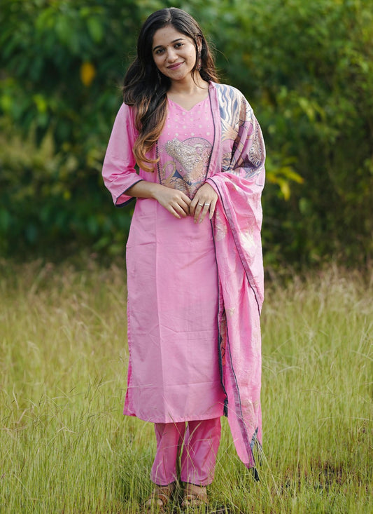 Salwar Suit Digital Print Pink Chanderi Silk T5253