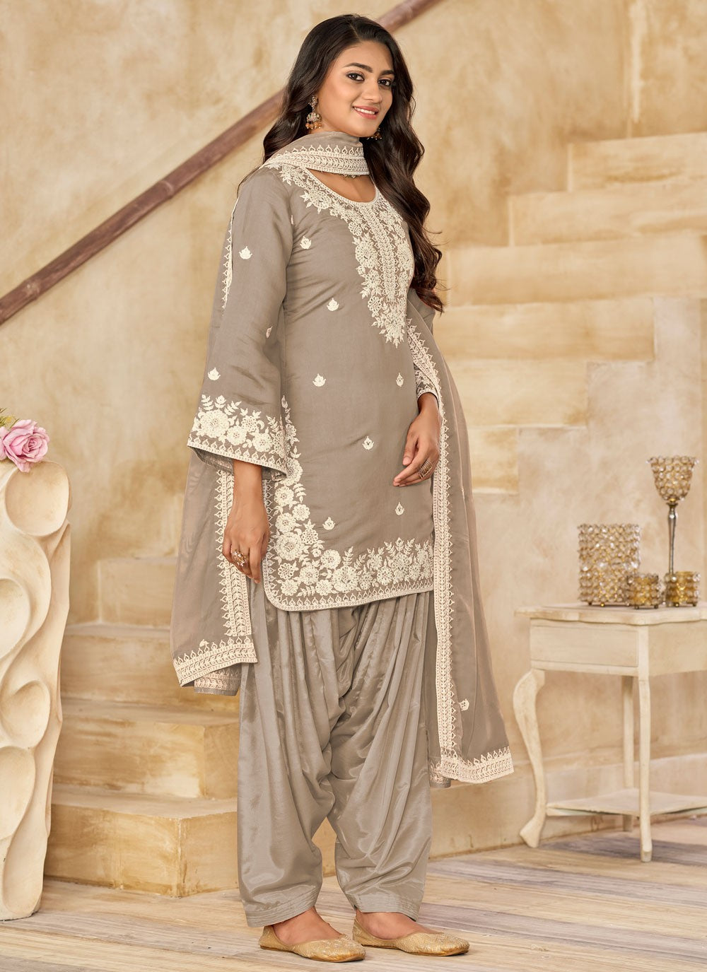 Patiala Suit Embroidered Grey T7626