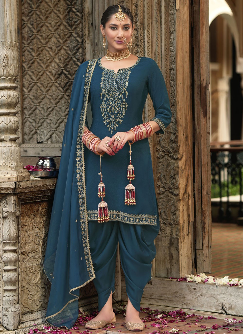 Dhoti Style Patiala Suit Embroidered, Resham Rama T7848