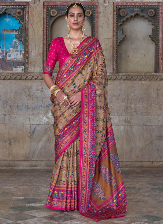 Brown Silk Contemporary Saree Patola Print S20312