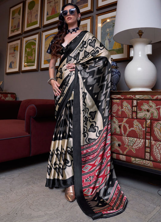 Classic Saree Patola Print Black, Pink Pure Crepe Saree S12870