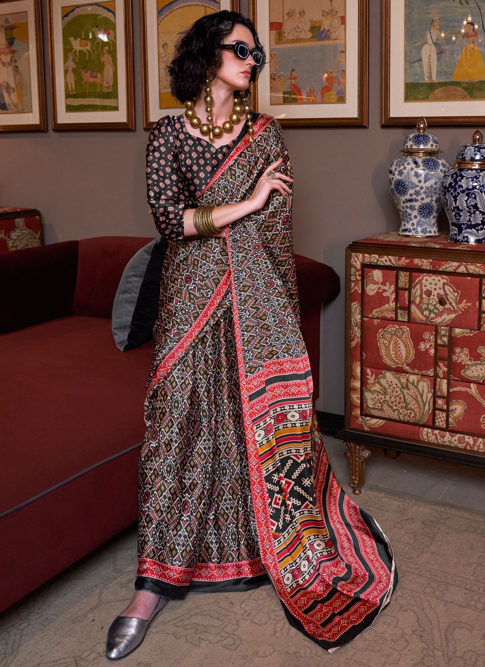 Classic Saree Patola Print Multi Colour Pure Crepe S12863