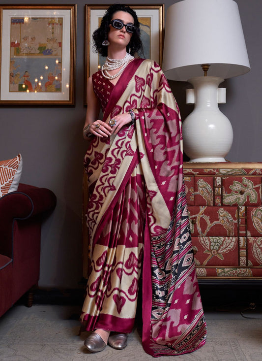 Trendy Saree Patola Print Cream, Wine Pure Crepe S12869