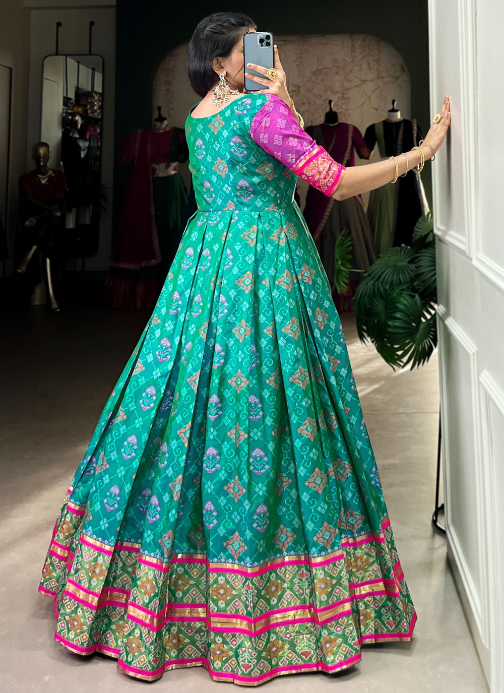 Patola Print Jacquard Silk Firozi Gown G1955