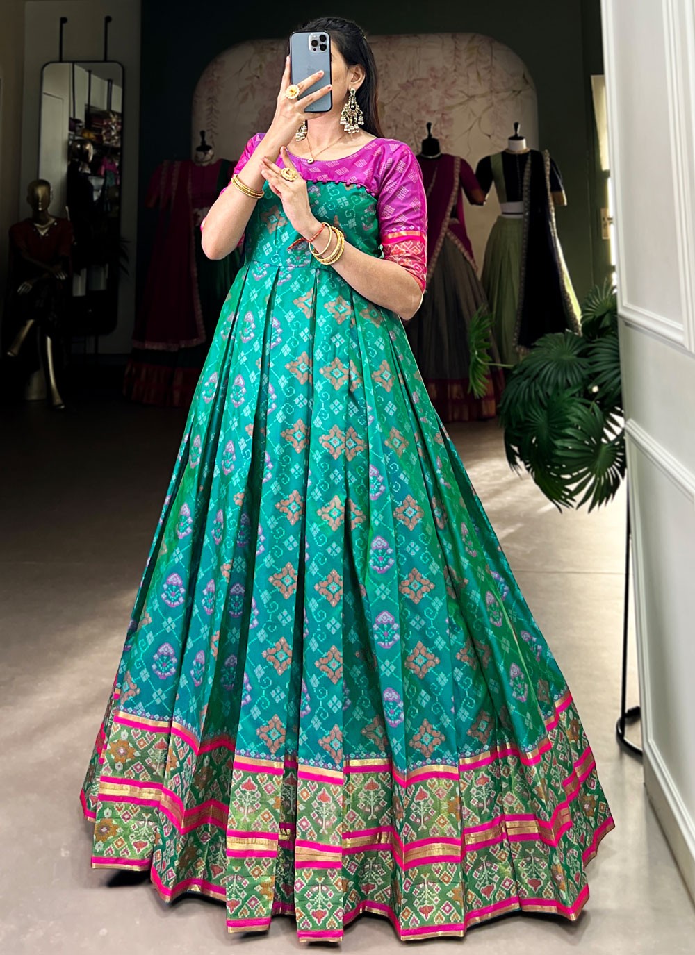 Patola Print Jacquard Silk Firozi Gown G1955