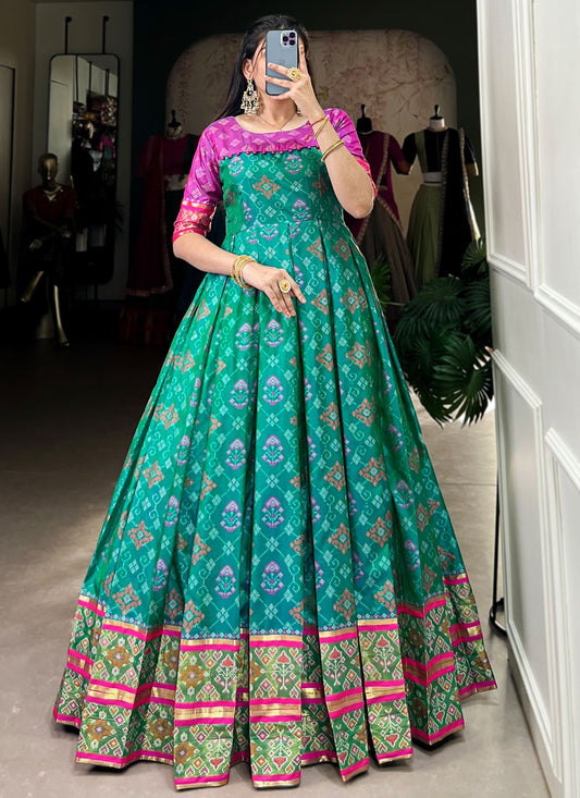 Patola Print Jacquard Silk Firozi Gown G1955
