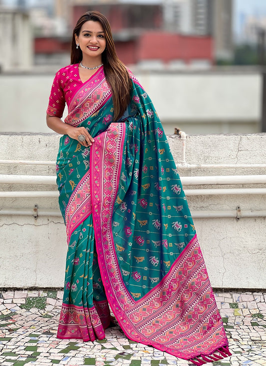 Sea Green Patola Silk Trendy Saree Meenakari, Woven S16570