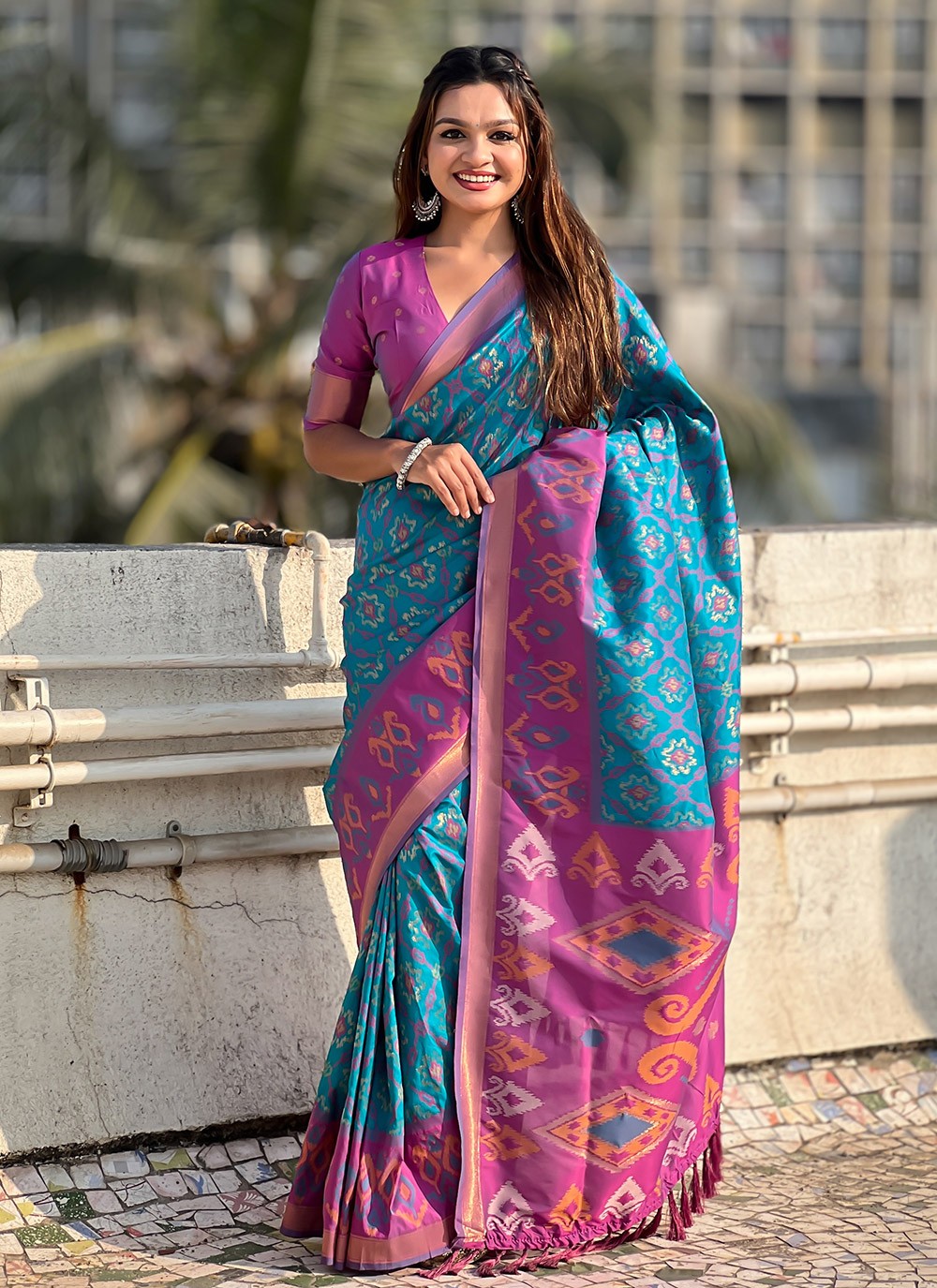 Contemporary Meenakari Teal Patola Silk Saree S13547