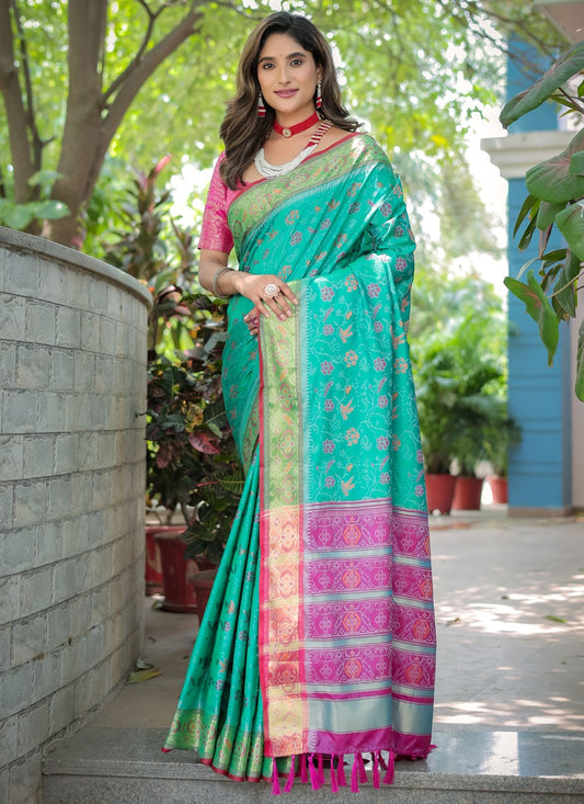 Trendy Saree Woven Turquoise Patola Silk Saree S12436