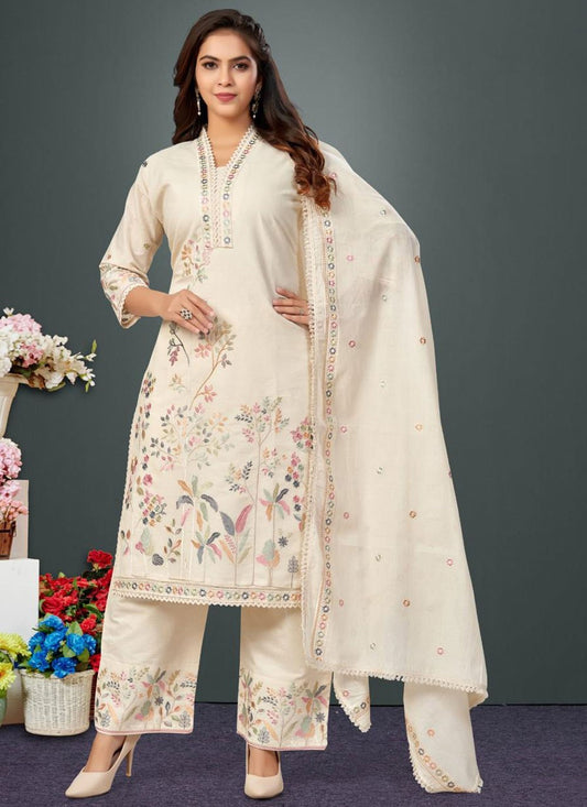 Pant Style Suit Embroidered, Floral Printed Off White T8398
