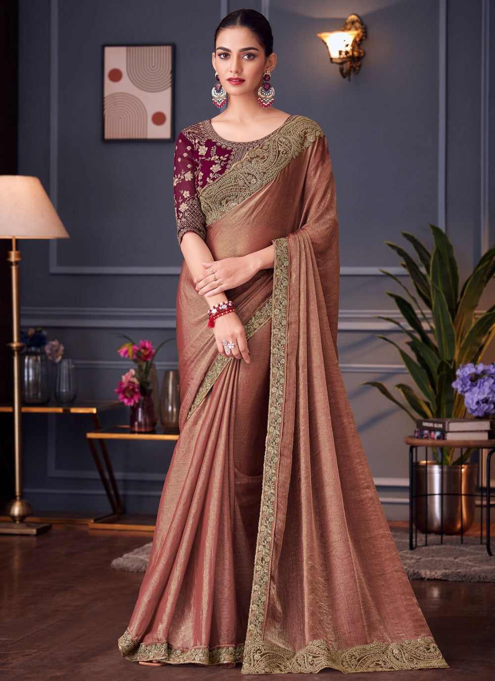 Peach Silk Classic Saree Border Work, Cut Work, Embroidered, Zari S16687