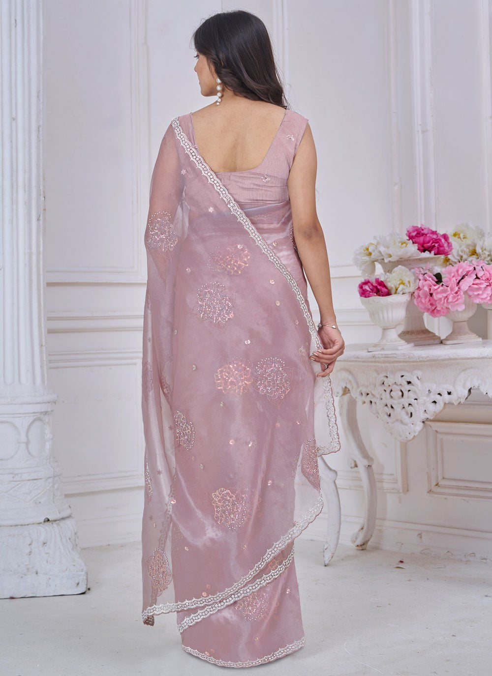 Sequins Organza Peach Designer Saree S15052