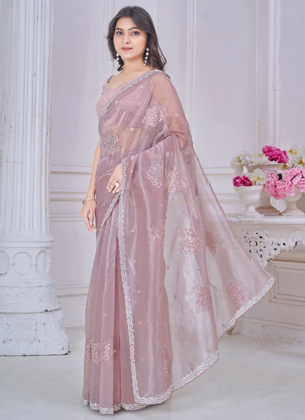 Sequins Organza Peach Designer Saree S15052