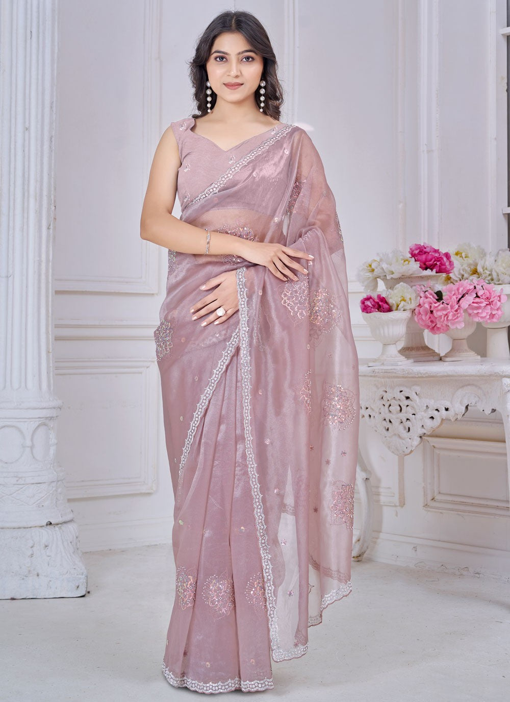 Sequins Organza Peach Designer Saree S15052