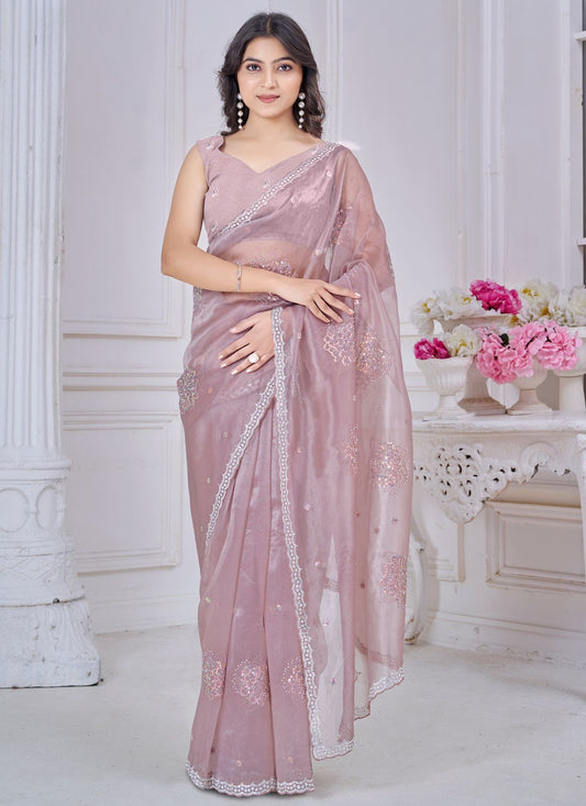 Sequins Organza Peach Designer Saree S15052