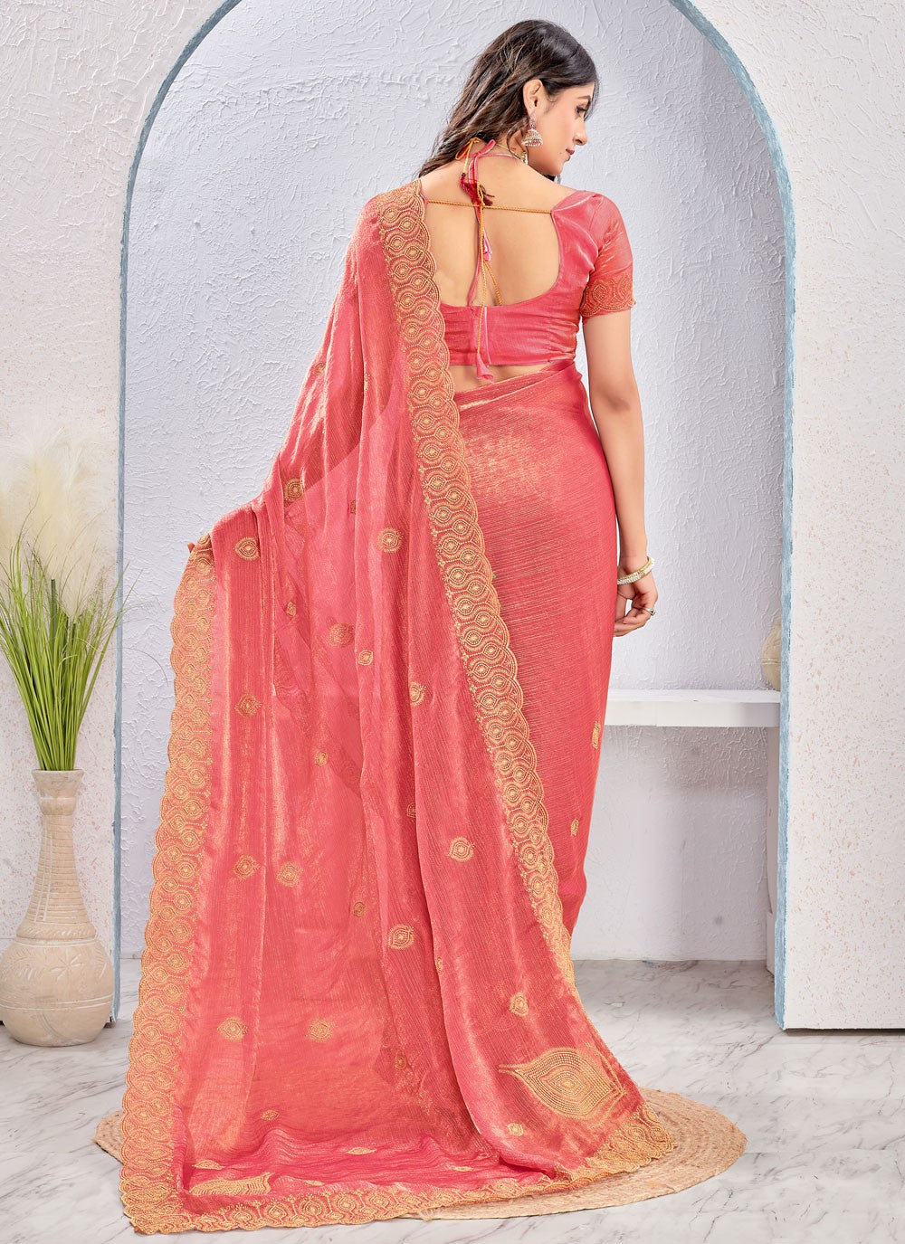 Peach Fandy Traditional Saree Embroidered, Zari S16879