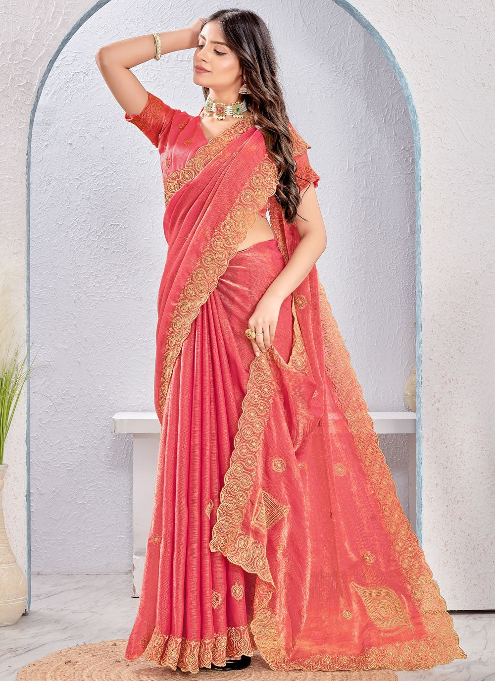 Peach Fandy Traditional Saree Embroidered, Zari S16879